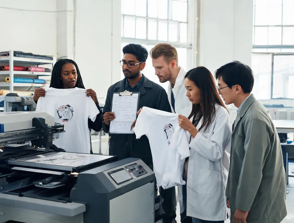Digital textile print team reviewing production samples